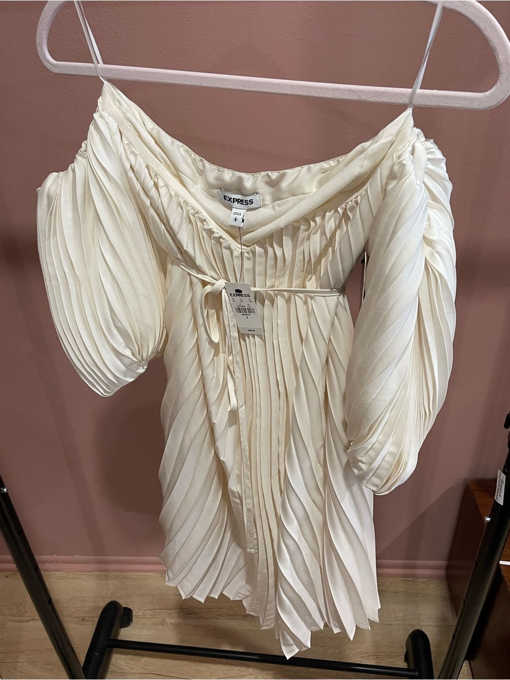 Express Ivory Off-Shoulder Pleated Dress
